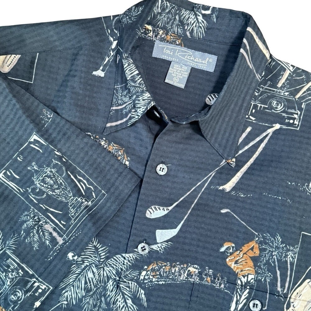 Tori Richard Button Up Shirt Men Medium Black Golf Print 100% Silk Preppy Resort